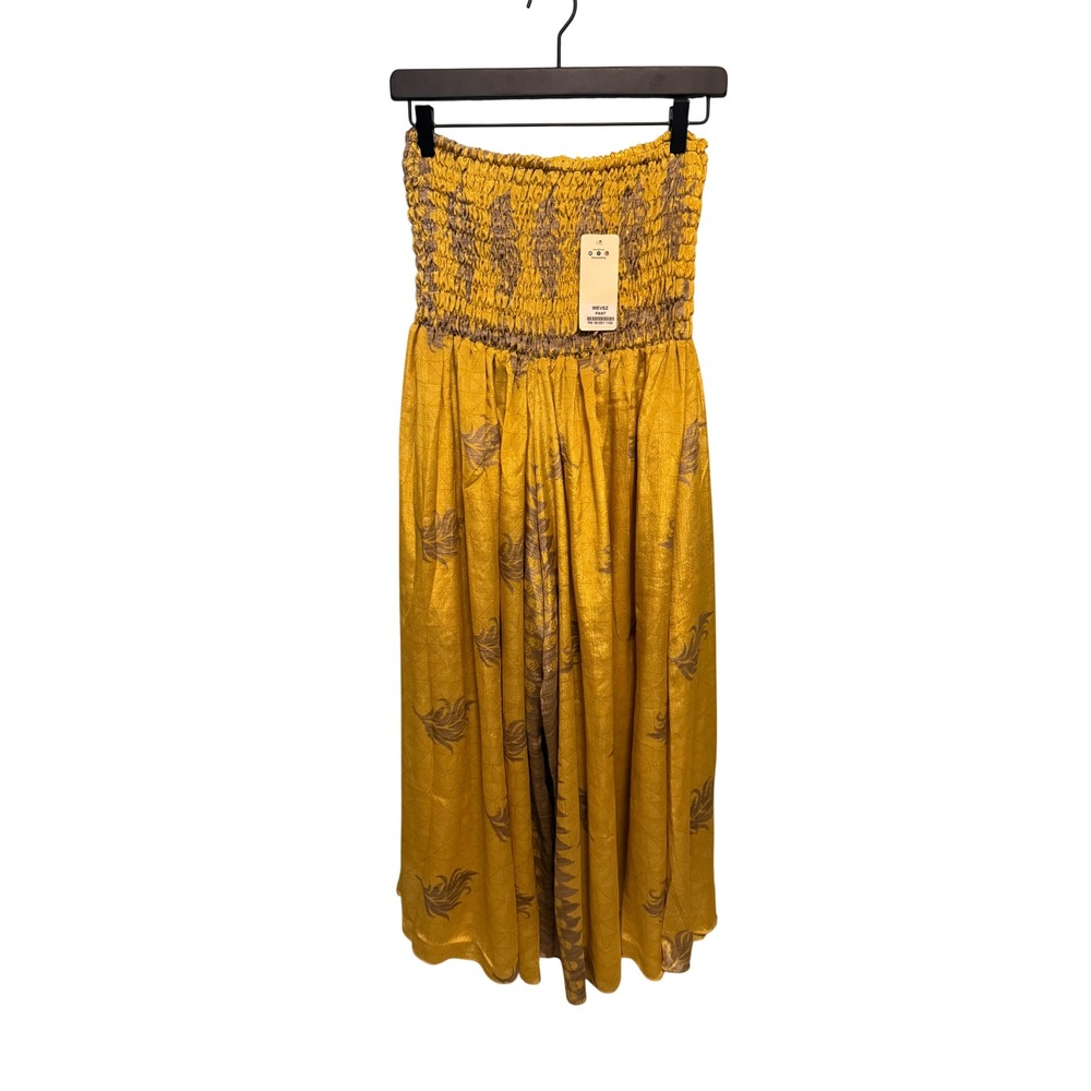 Wevez Mustard Yellow Boho Smocked Wide Leg Palazzo Pants Grey Leaf Print NWT